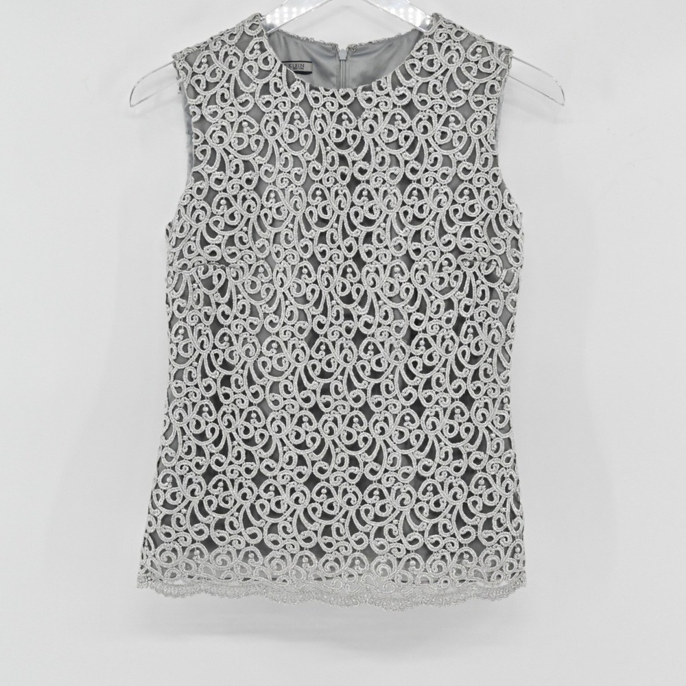 Vtg ANNE KLEIN Lace Top Womens Size 2 Silver Sleeveless Romantic Glamorous Luxe